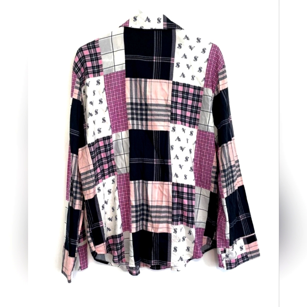 VICTORIA'S SECRET VS Logo Soft Plaid Patchwork Button Down Pajama Shirt Sz L